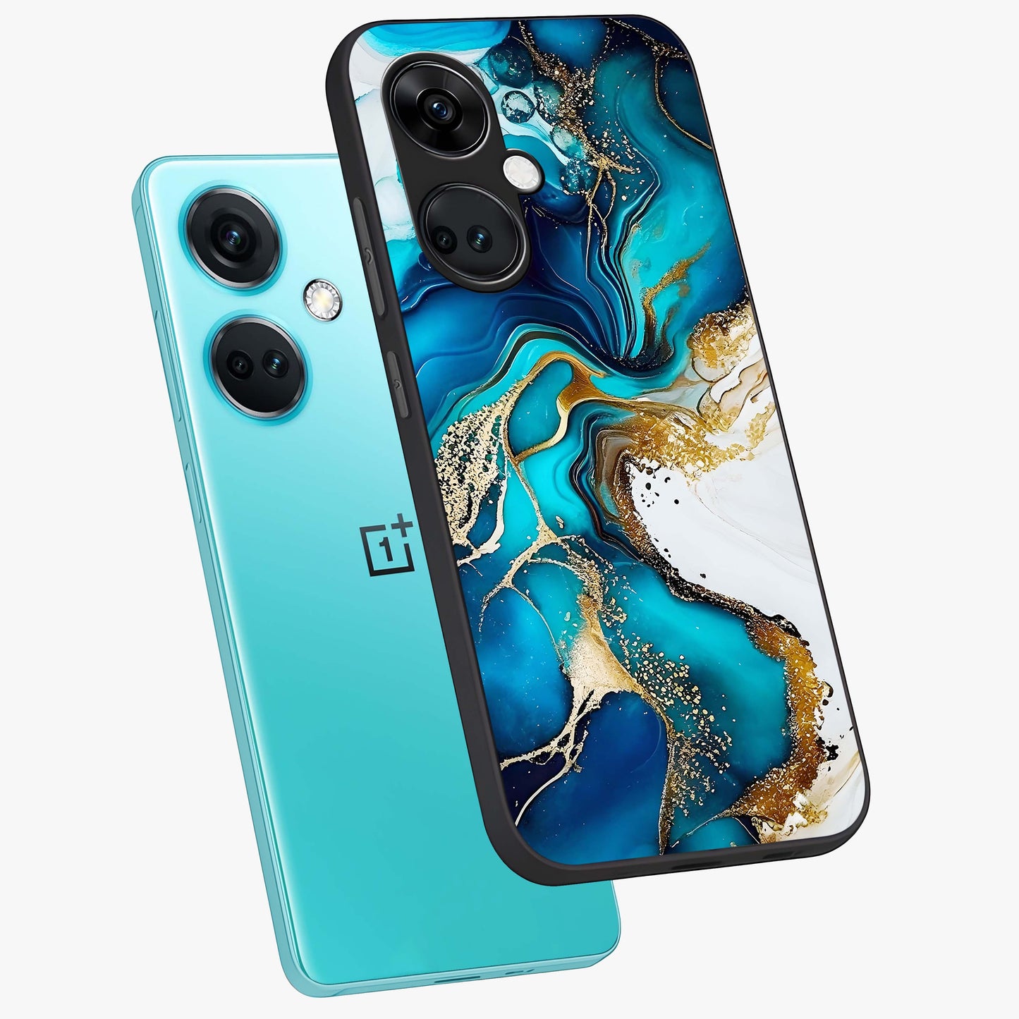 Blue and White Marble With Golden Viens Art Glass Case for 1+Nord Ce 3 angled mockup showcasing glossy finish and premium marble pattern