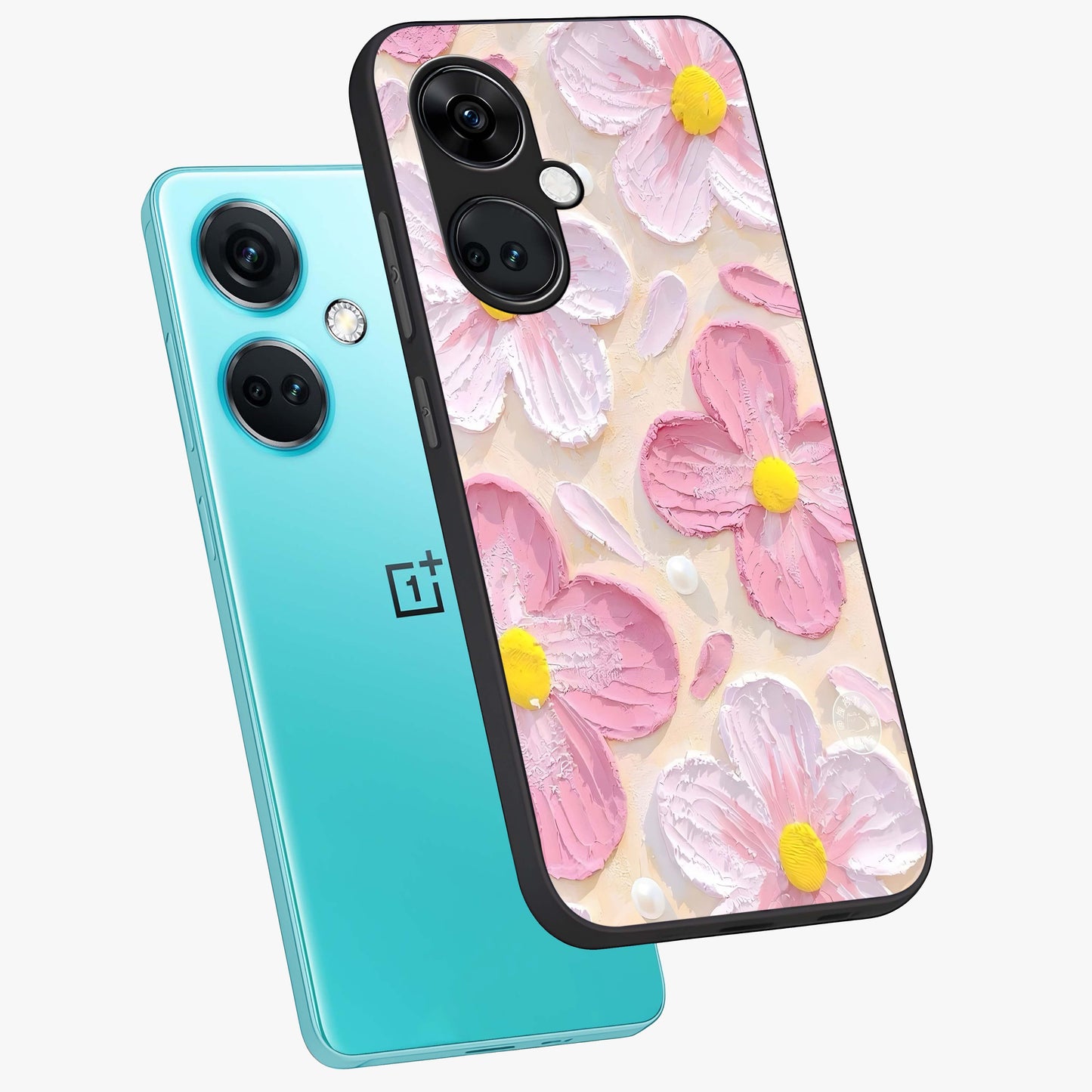 Blush Bloom Texture Glass Case for 1+Nord Ce 3 angled mockup showcasing glossy finish and layered texture detailing