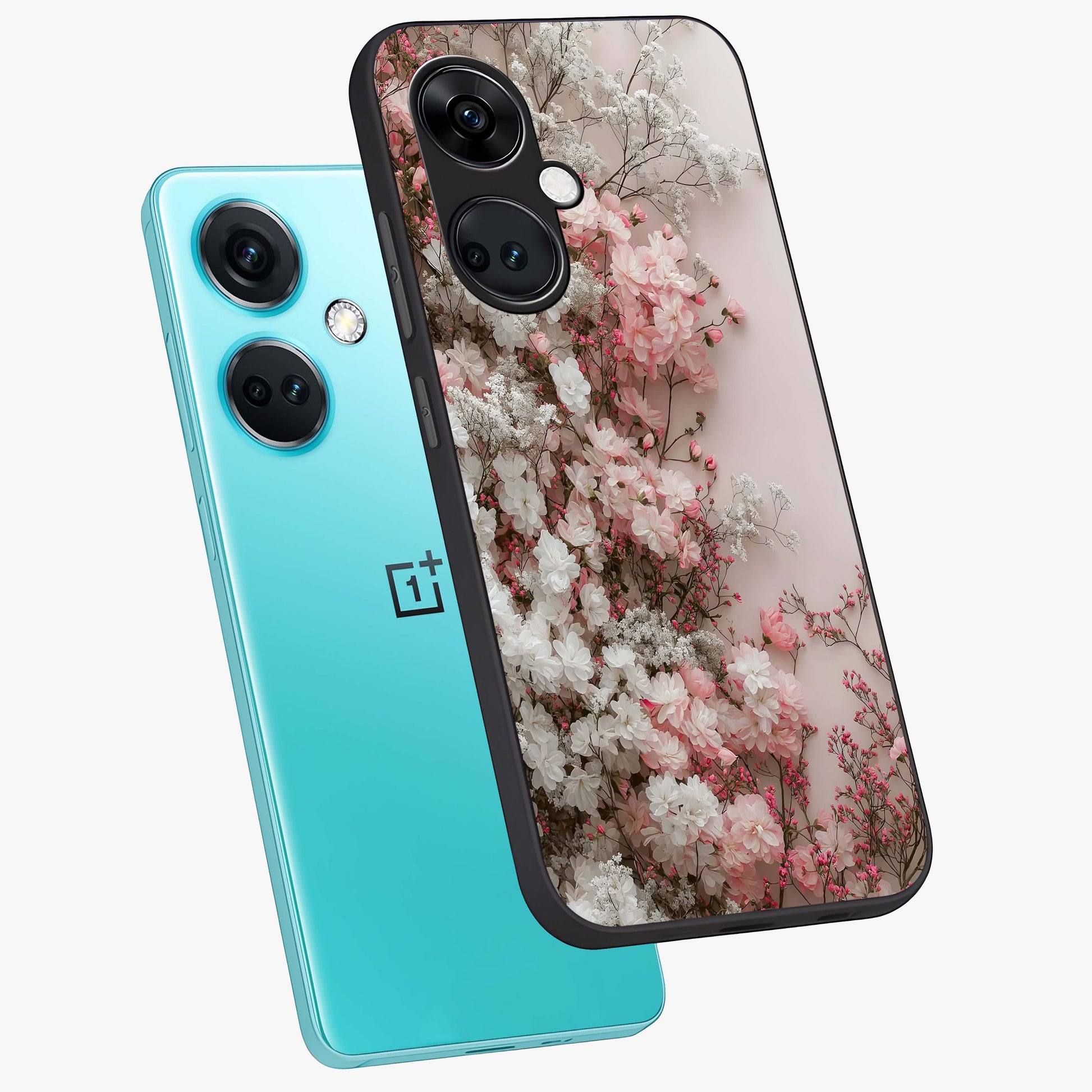 Blush Blossom Cloud Glass Case for 1+Nord Ce 3 angled mockup showcasing glossy finish and pastel floral design