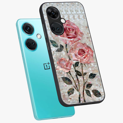 Blush Mosaic Bloom Glass Case for 1+Nord Ce 3 angled mockup showcasing glossy finish and detailed mosaic patterns