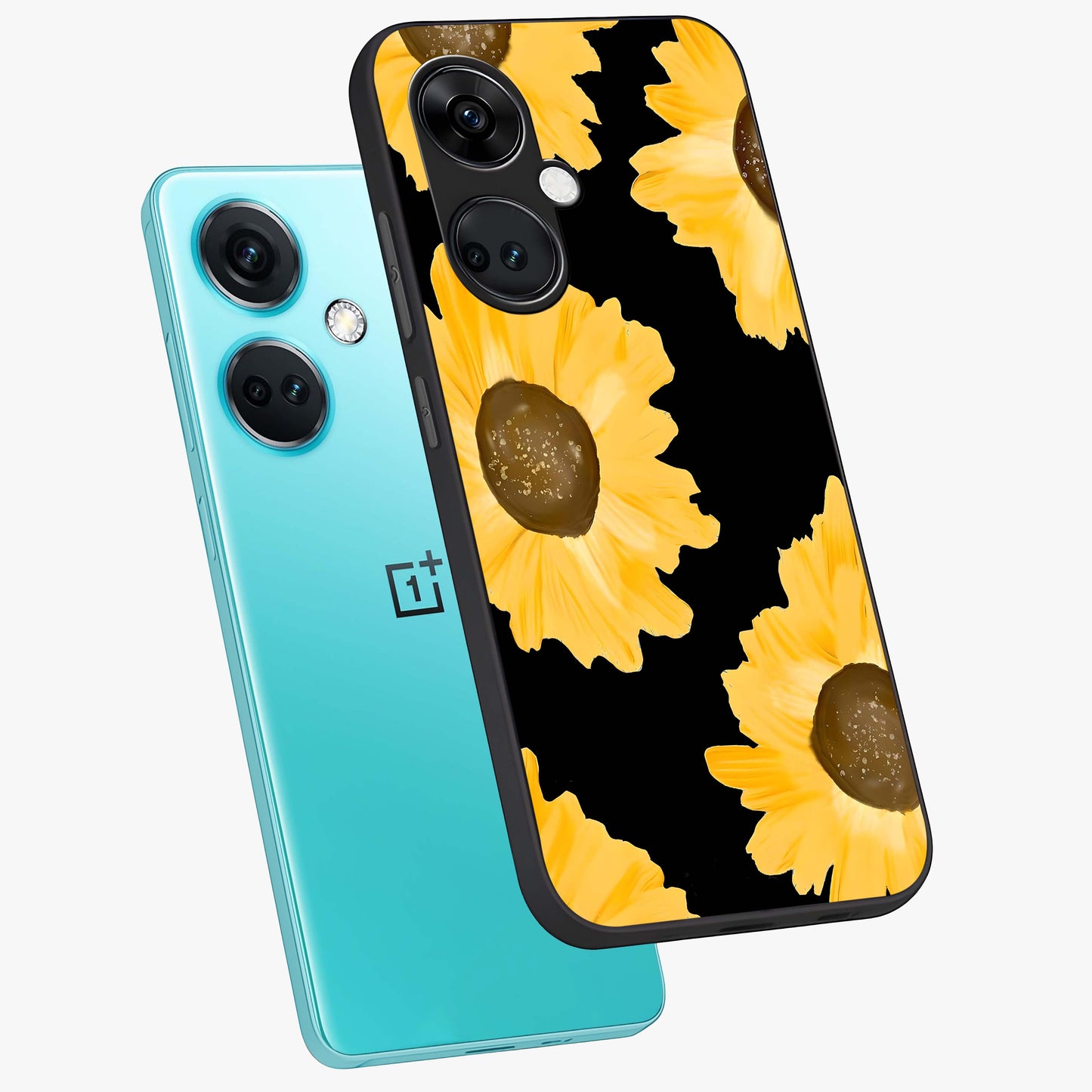 Bold Sunflowers Glow Glass Case for 1+Nord Ce 3 angled mockup showcasing glossy glass finish and bright floral detailing