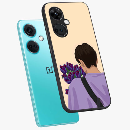 Boy Holding Flowers Glass Case for 1+Nord Ce 3 angled mockup showcasing glossy finish and gentle pastel artwork