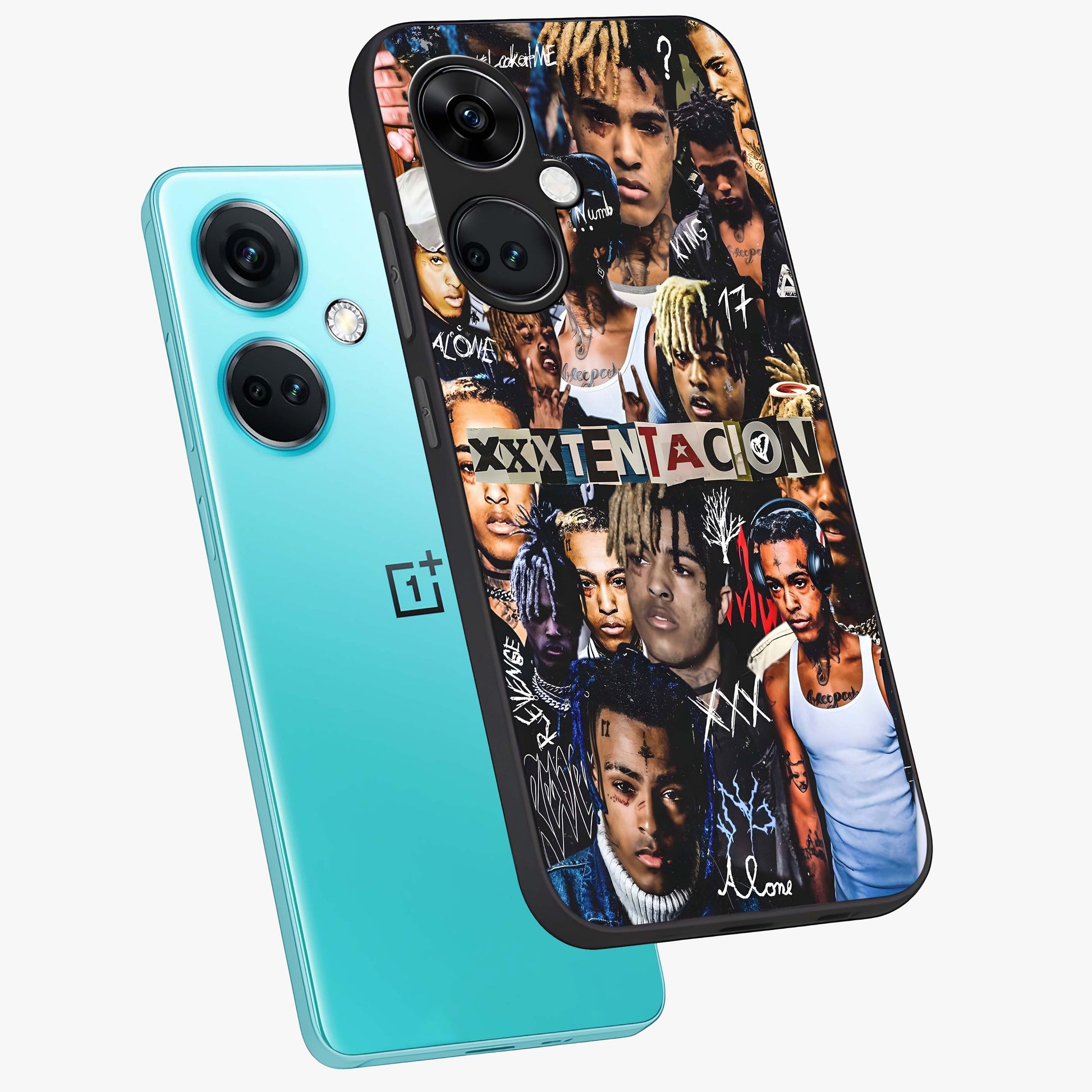 Broken Fame Diaries Glass Case for 1+Nord CE 3 angled mockup showcasing glossy finish and edgy aesthetic design
