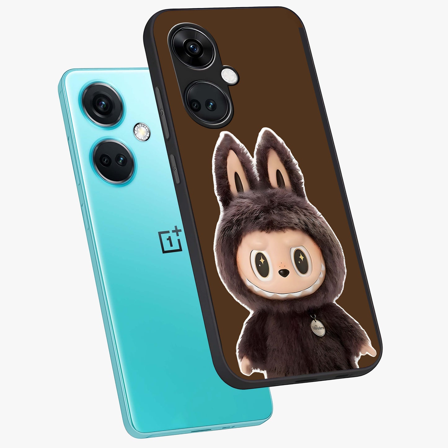 Brown Labubu Design Glass Case for 1+Nord Ce 3 angled mockup showcasing glossy finish and detailed cartoon illustration