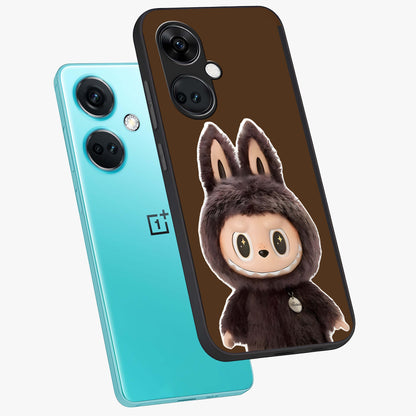 Brown Labubu Design Glass Case for 1+Nord Ce 3 angled mockup showcasing glossy finish and detailed cartoon illustration