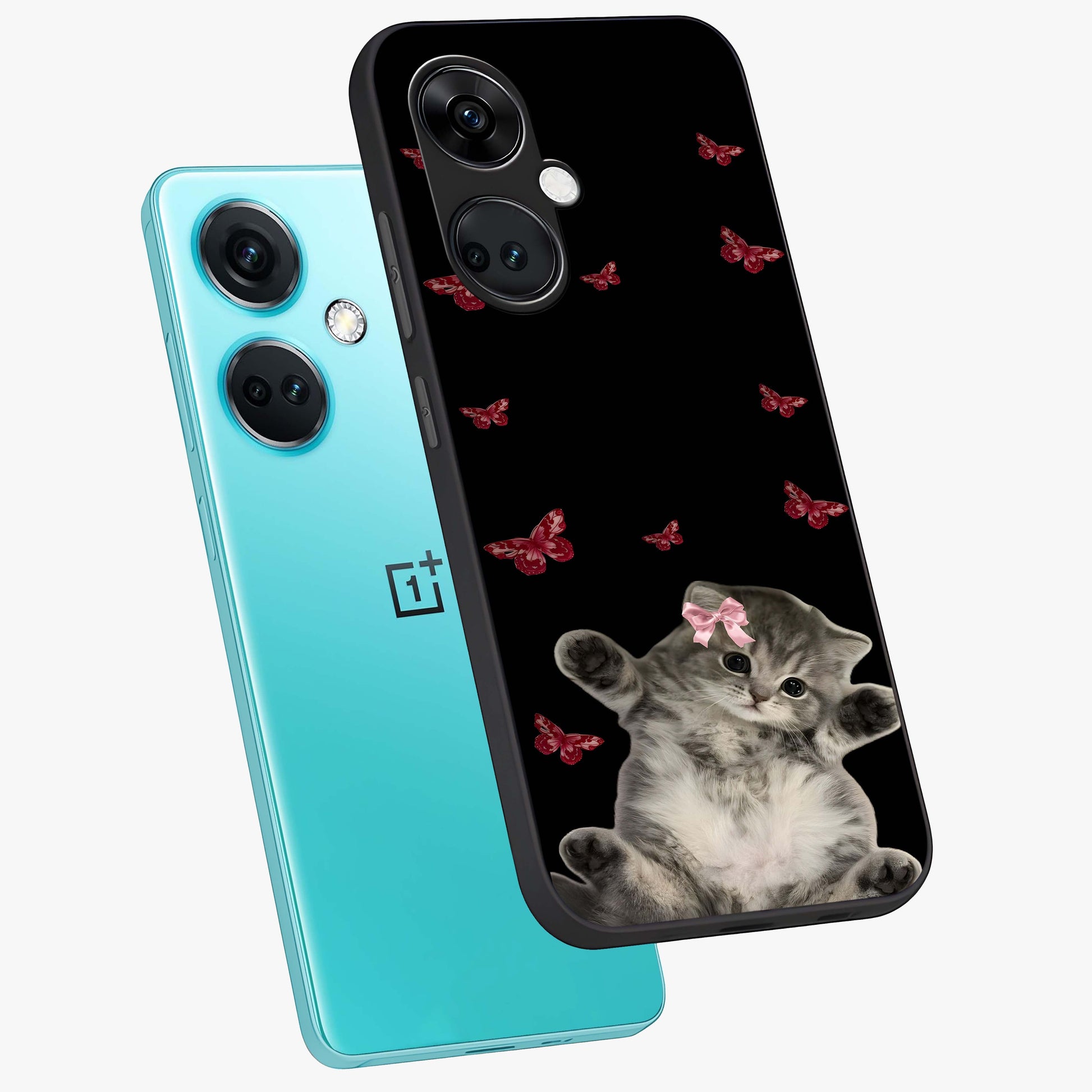 Butterfly Cat Bliss Glass Case for 1+Nord Ce 3 angled mockup showcasing glossy finish and soft pastel tones