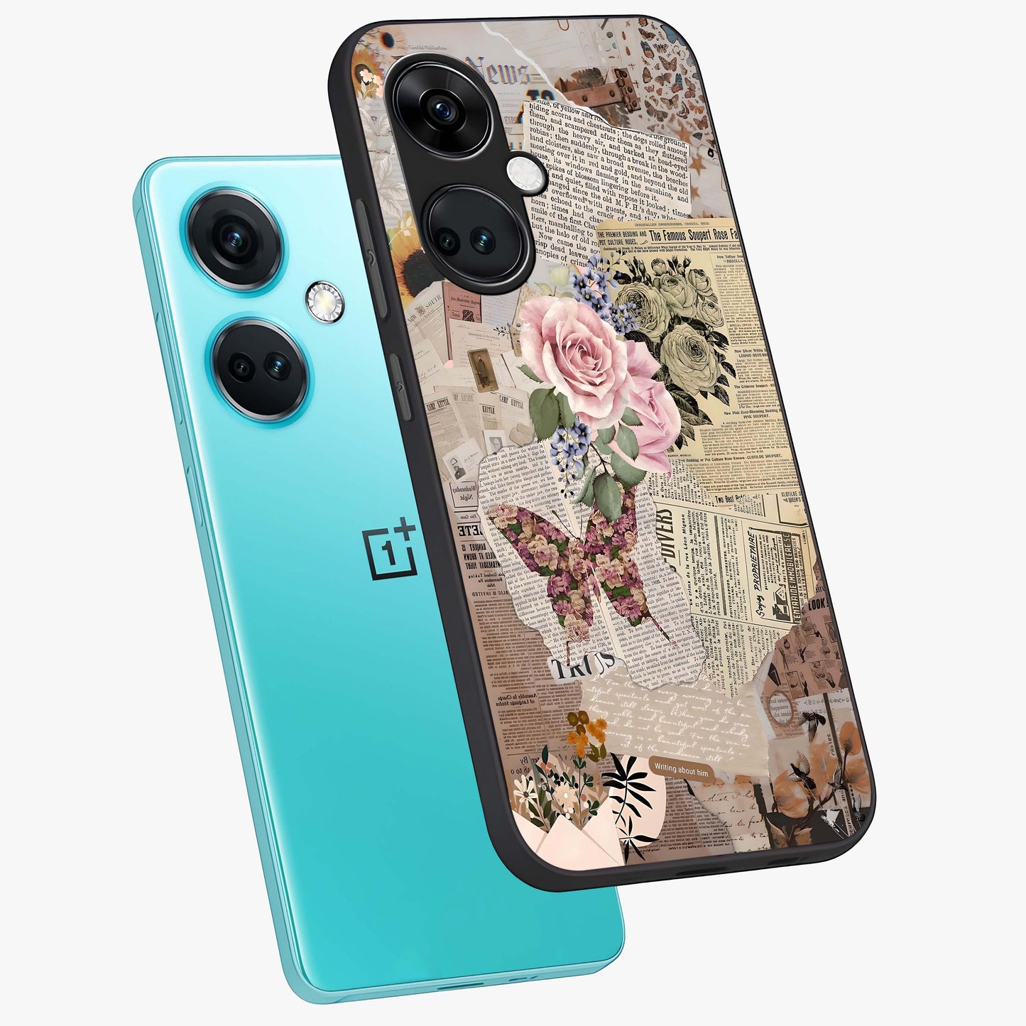 Butterfly News Bloom Glass Case for 1+Nord Ce 3 angled mockup showcasing glossy finish and vibrant nature design