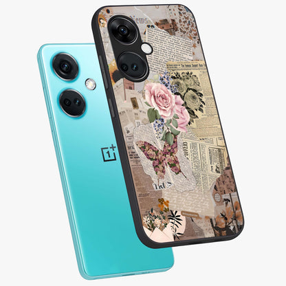 Butterfly News Bloom Glass Case for 1+Nord Ce 3 angled mockup showcasing glossy finish and vibrant nature design