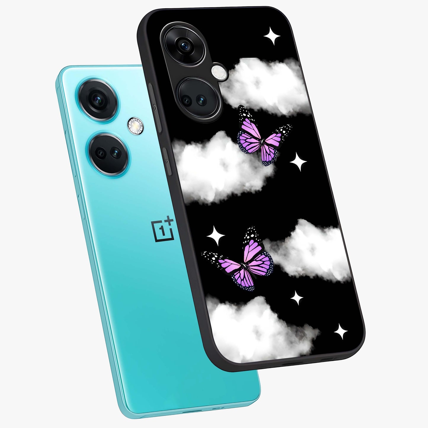 Butterfly Night Drift Glass Case for 1+Nord Ce 3 angled mockup showcasing glossy finish and deep midnight gradients