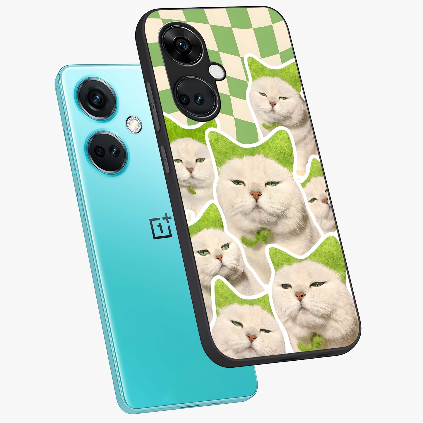 Cats Ethereal Bloom Glass Case for 1+Nord CE 3 angled mockup showcasing glossy finish and dreamy pastel tones