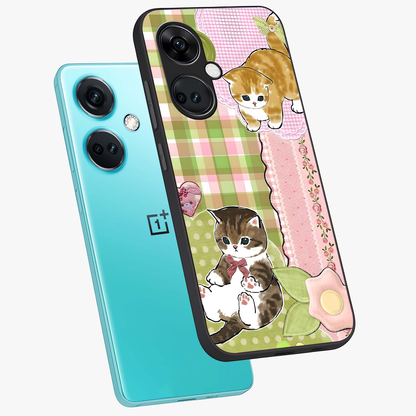 Cats Sweet Button Glass Case for 1+Nord CE 3 angled mockup showcasing glossy finish and charming character design