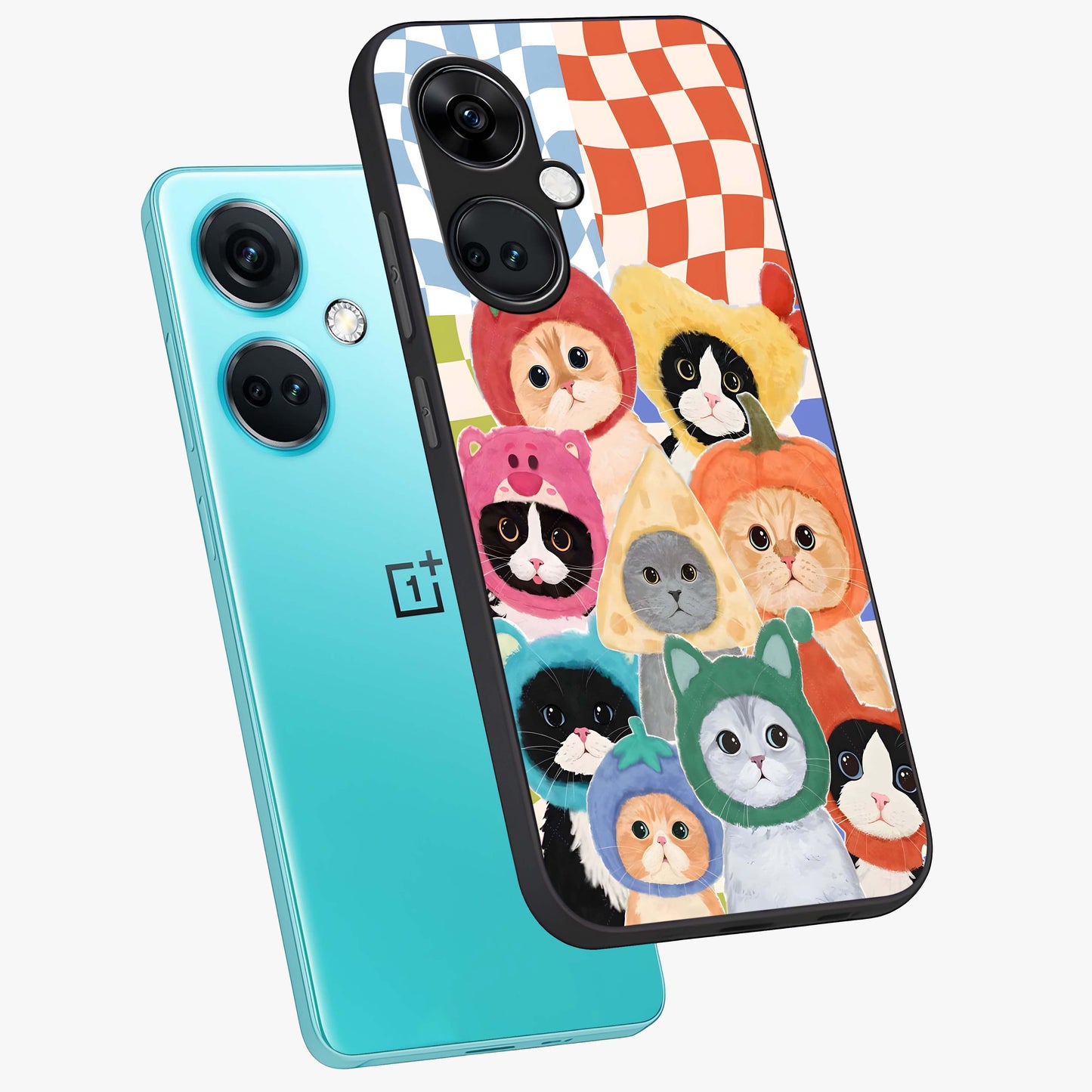 Cats in Fruits Glass Case for 1+Nord Ce 3 angled mockup showcasing glossy finish and colorful aesthetic design