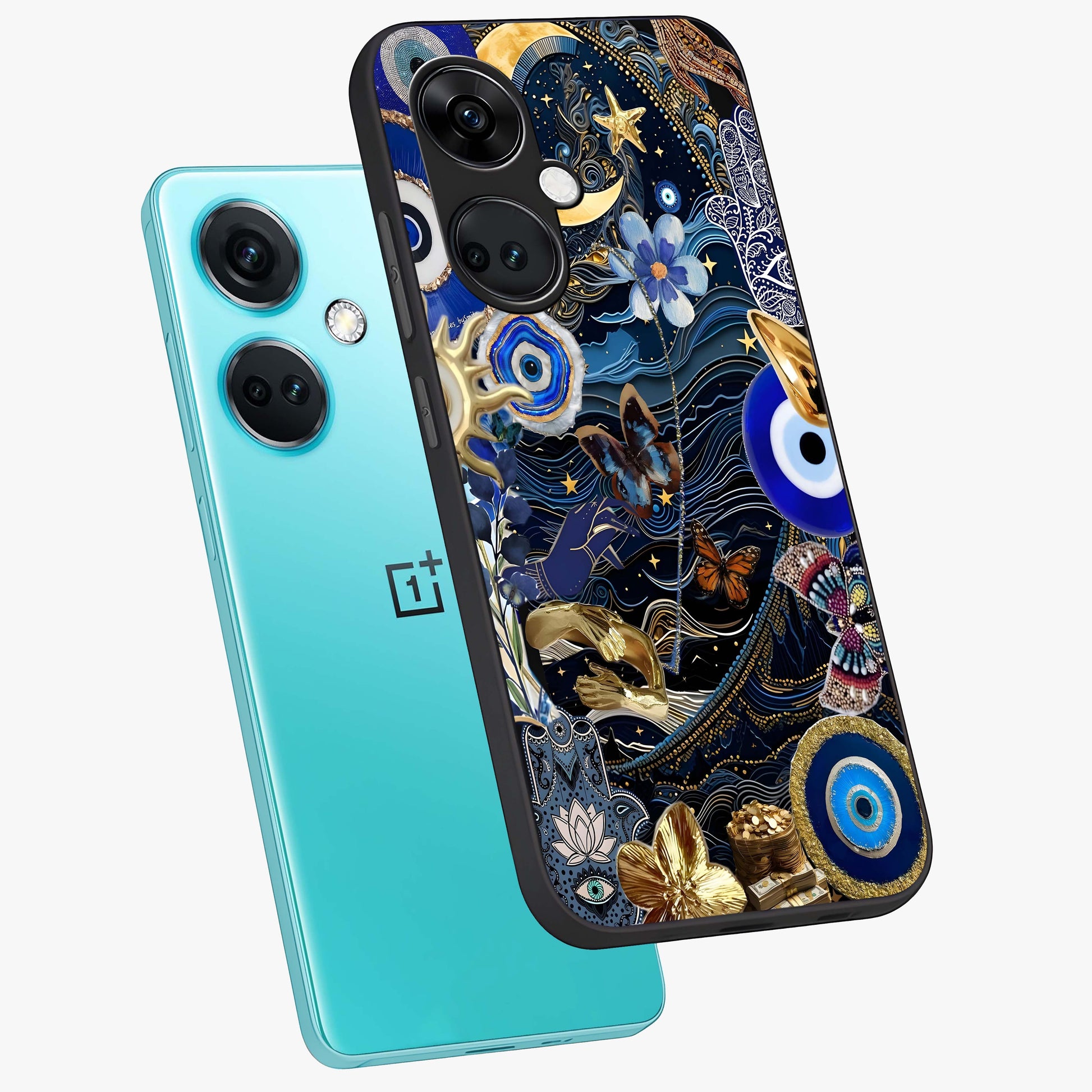Celestial Blessing Shield Glass Case for 1+Nord CE 3 angled mockup showcasing glossy finish and divine design elements