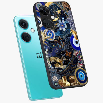 Celestial Blessing Shield Glass Case for 1+Nord CE 3 angled mockup showcasing glossy finish and divine design elements