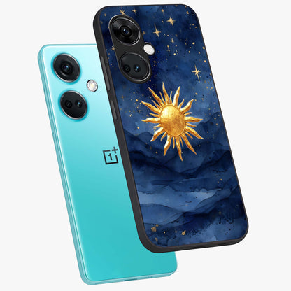 Celestial Blue Glow Glass Case for 1+Nord CE 3 angled mockup showcasing glossy finish and luminous celestial tones
