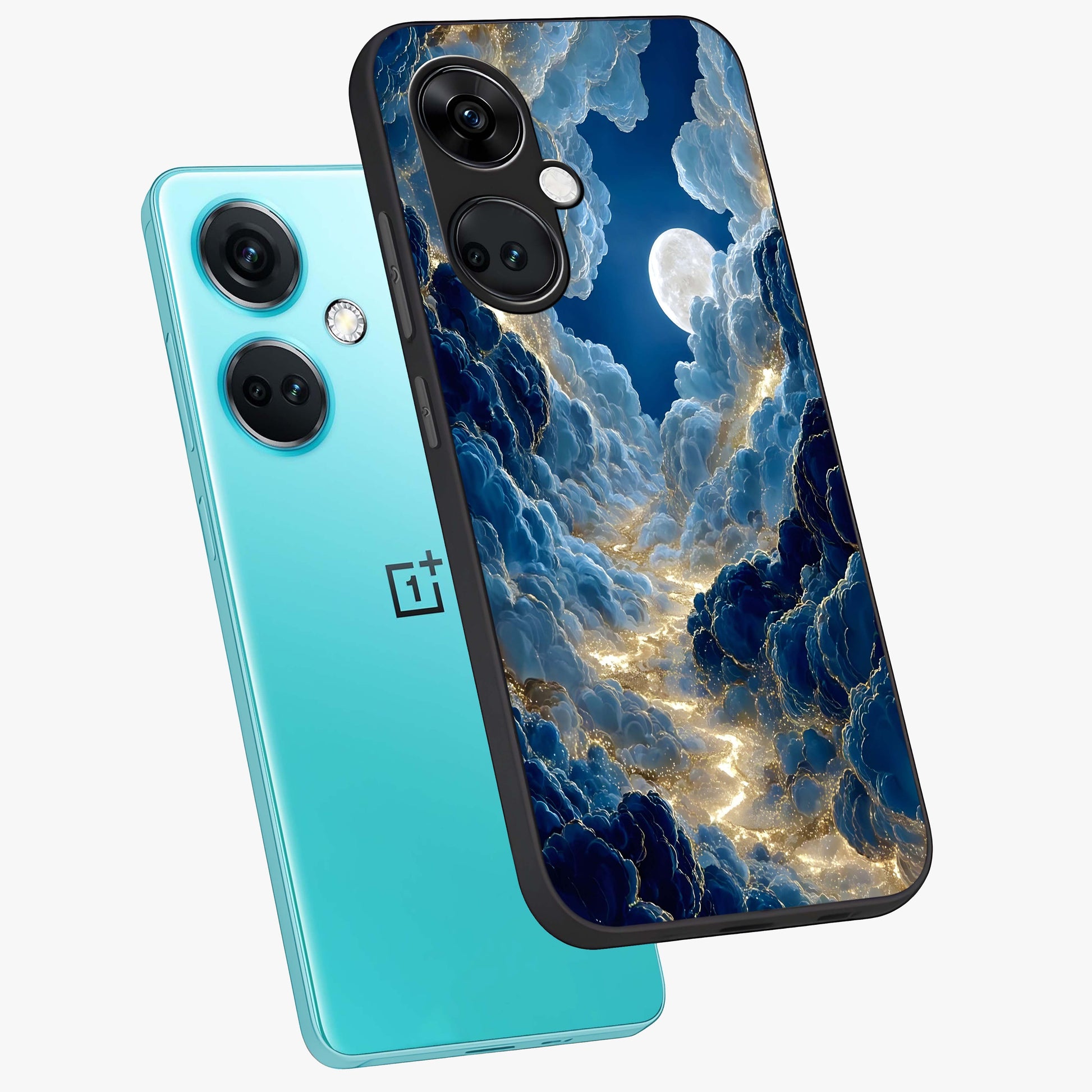 Celestial Cloud Path Glass Case for 1+Nord CE 3 angled mockup showcasing glossy finish and soft celestial gradients