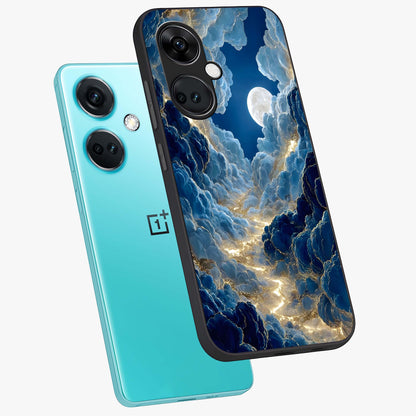 Celestial Cloud Path Glass Case for 1+Nord CE 3 angled mockup showcasing glossy finish and soft celestial gradients