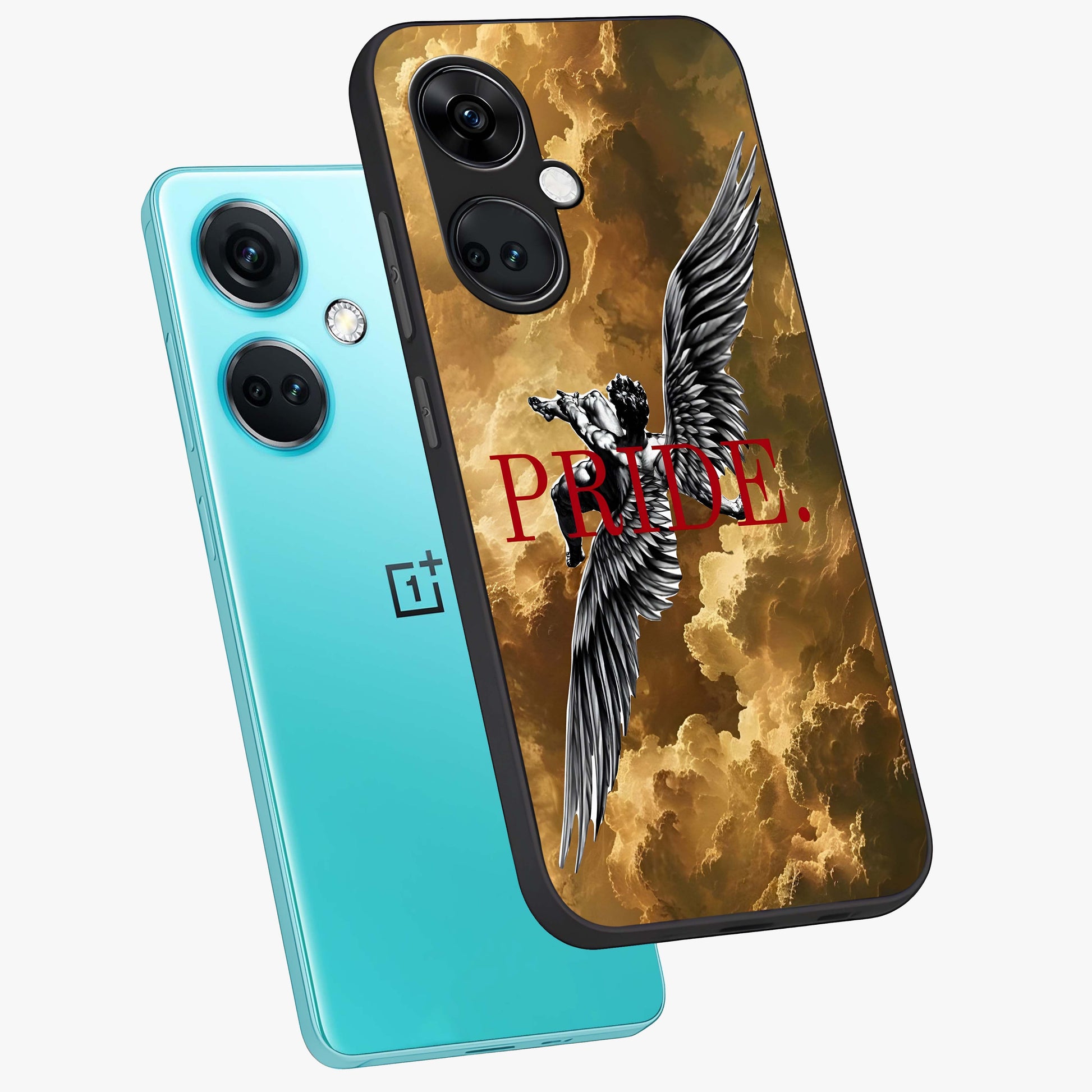 Celestial Fallen Pride Glass Case for 1+Nord CE 3 angled mockup showcasing glossy glass finish and intense night sky detailing