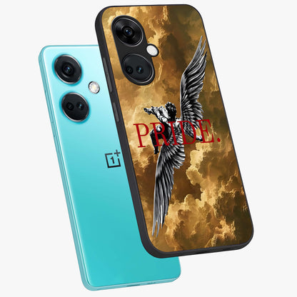 Celestial Fallen Pride Glass Case for 1+Nord CE 3 angled mockup showcasing glossy glass finish and intense night sky detailing