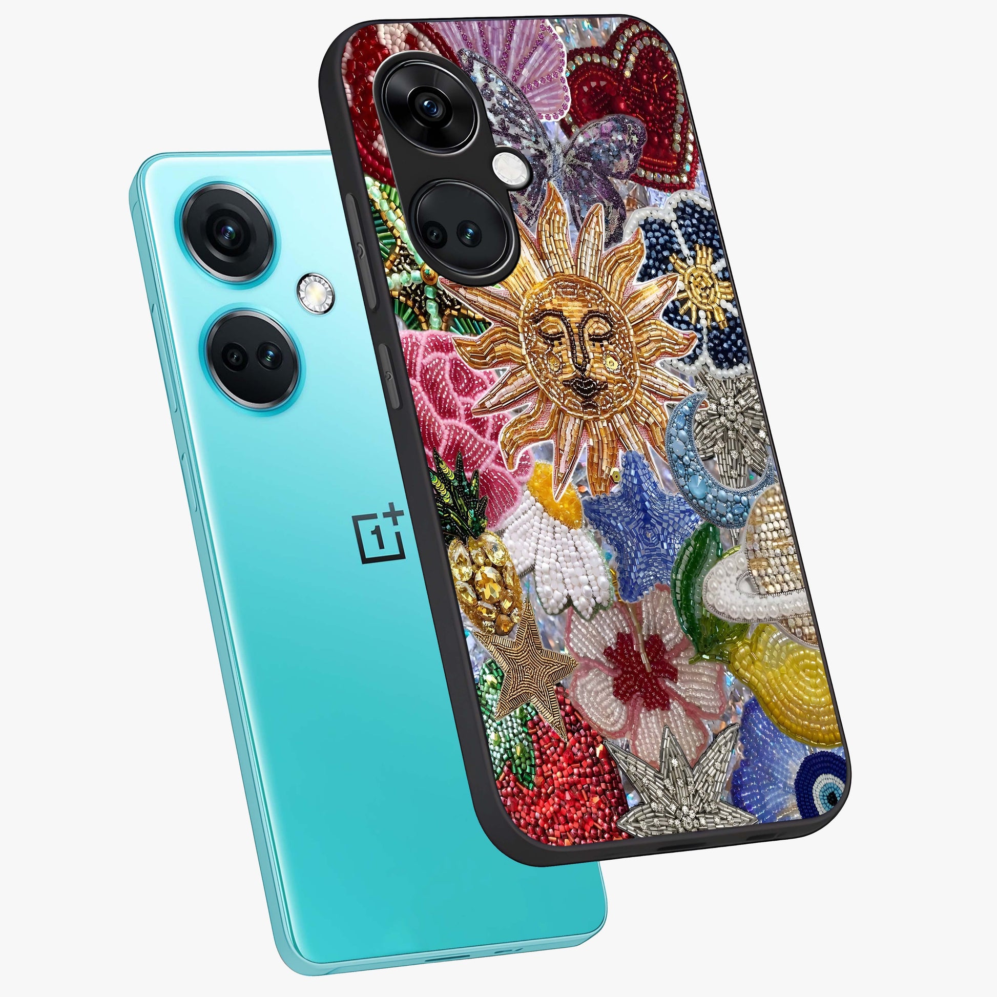 Celestial Floral and Playful Glass Case for 1+Nord CE 3 angled mockup showcasing glossy finish and colorful celestial detailing