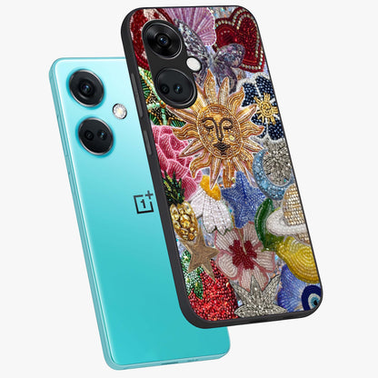 Celestial Floral and Playful Glass Case for 1+Nord CE 3 angled mockup showcasing glossy finish and colorful celestial detailing
