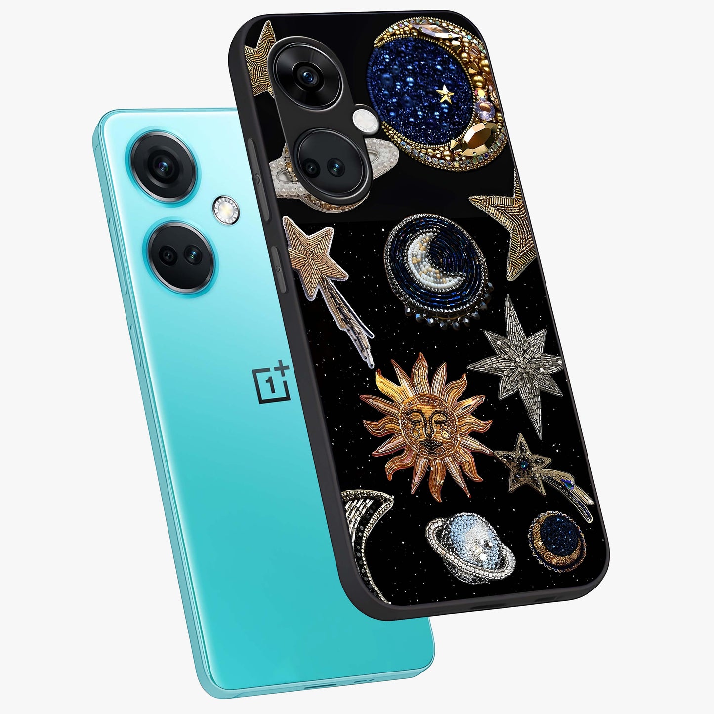 Celestial Gem Constellations Glass Case for 1+Nord CE 3 angled mockup showcasing glossy finish and sparkling cosmic design