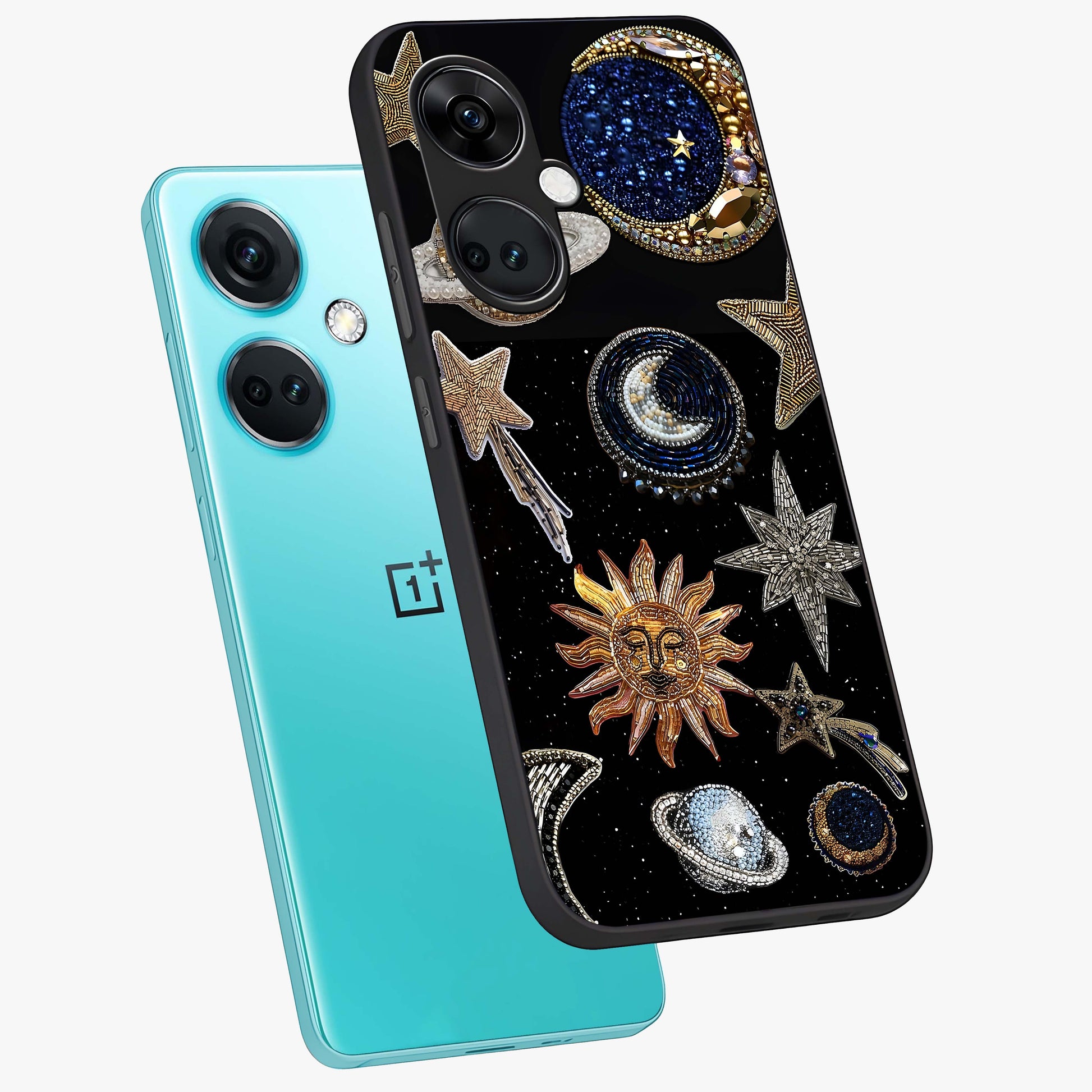 Celestial Gem Constellations Glass Case for 1+Nord CE 3 angled mockup showcasing glossy finish and sparkling cosmic design