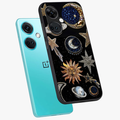 Celestial Gem Constellations Glass Case for 1+Nord CE 3 angled mockup showcasing glossy finish and sparkling cosmic design