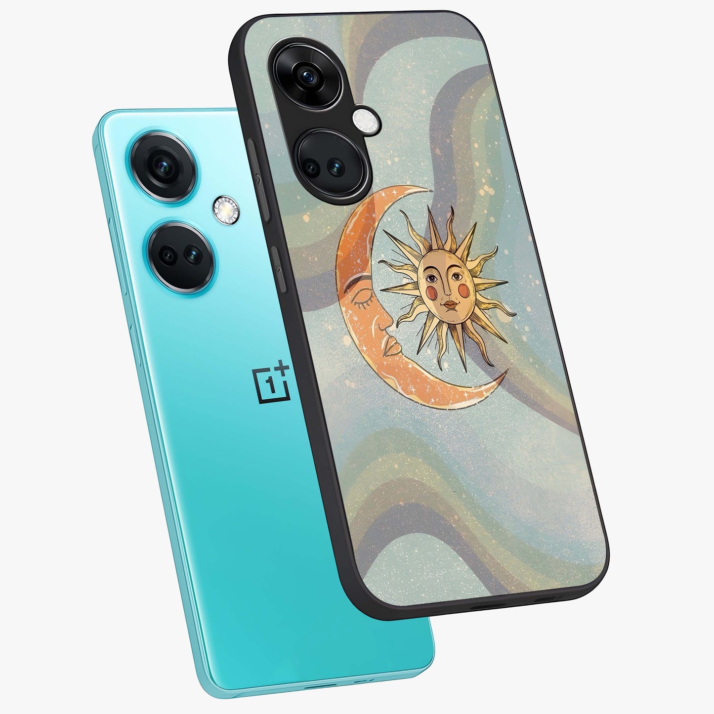 Celestial Harmony Vibes Glass Case for 1+Nord CE 3 angled mockup showcasing glossy finish and smooth celestial gradients