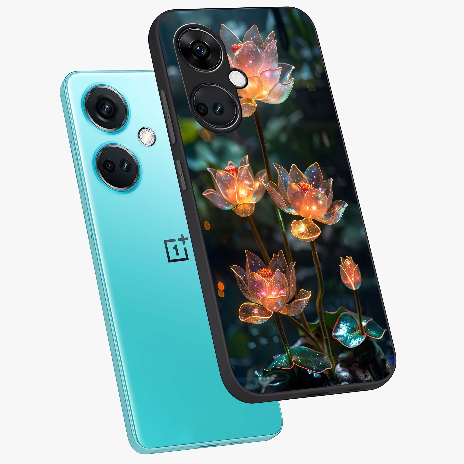 Celestial Lotus Light Glass Case for 1+Nord CE 3 angled mockup showcasing glossy finish and radiant celestial tones