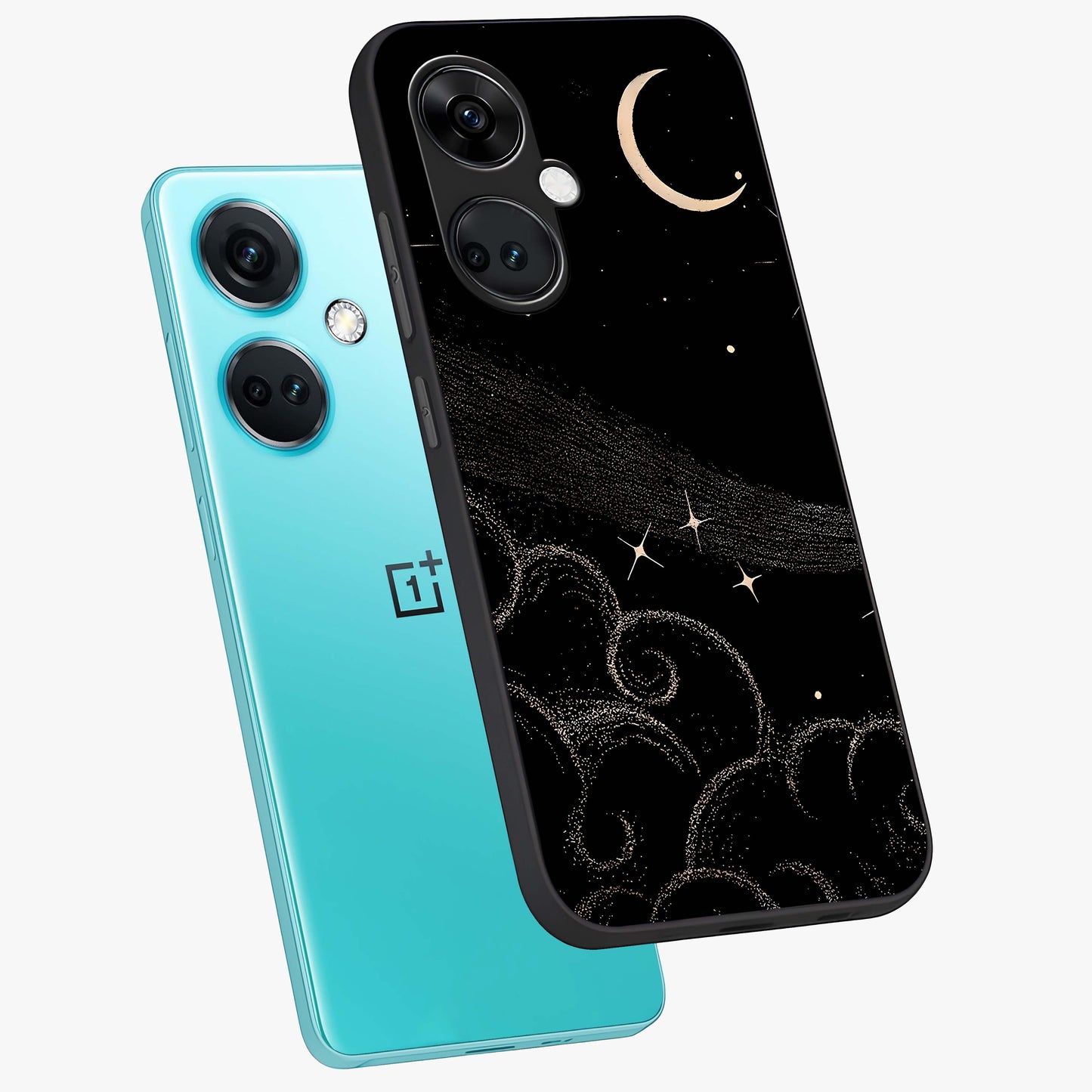 Celestial Midnight Veil Glass Case for 1+Nord CE 3 angled mockup showcasing glossy finish and dark celestial gradients