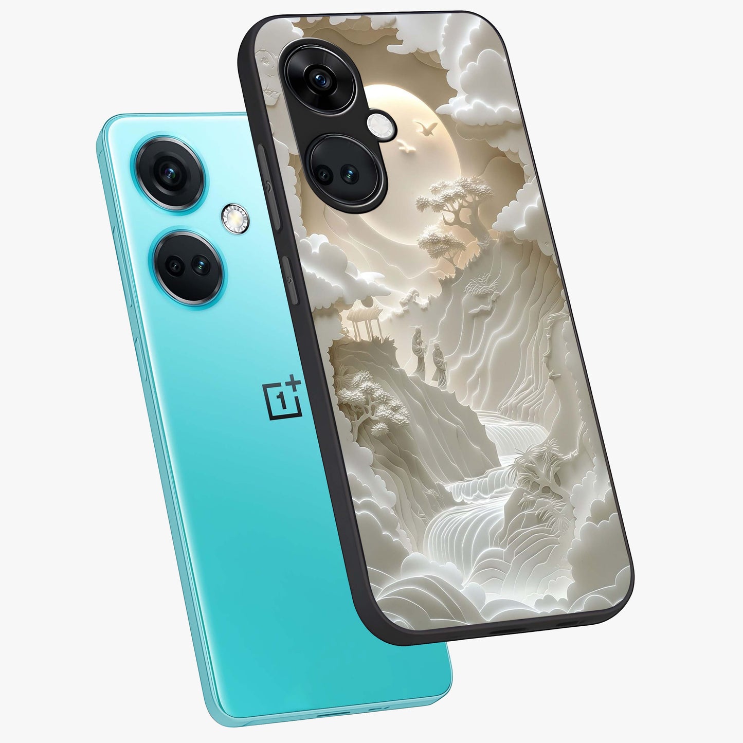Celestial Origami Glass Case for 1+Nord CE 3 angled mockup showcasing glossy finish and geometric celestial design