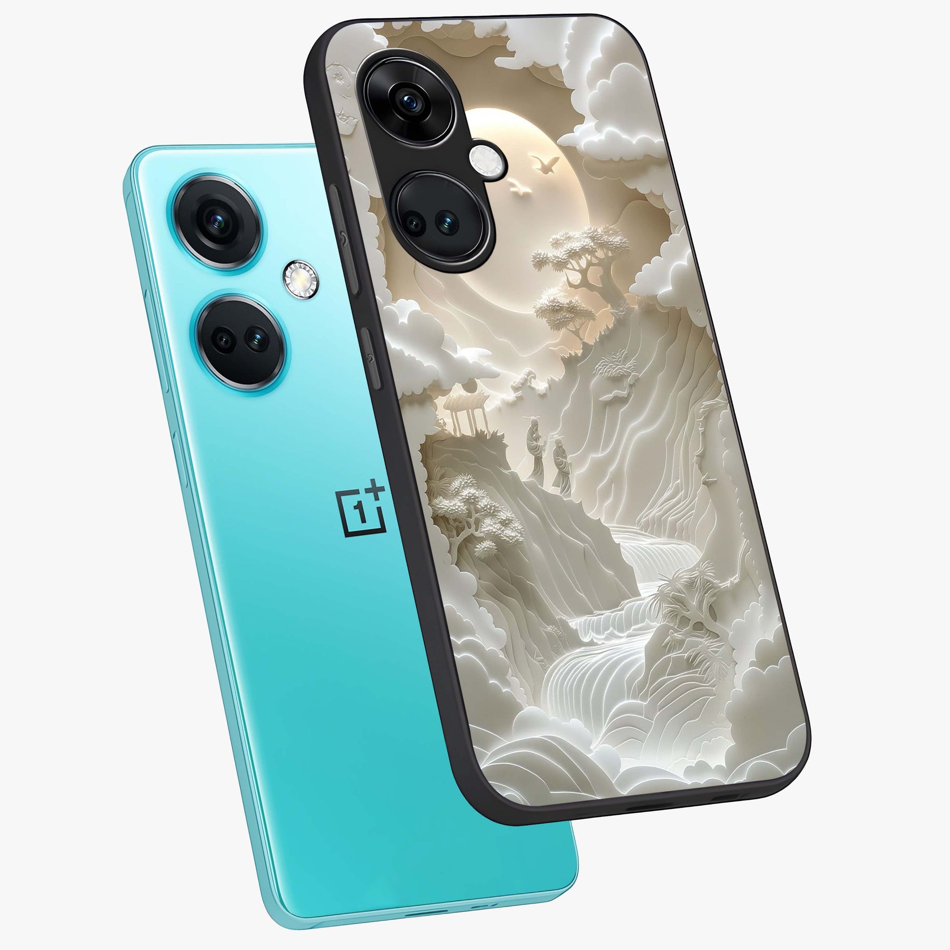 Celestial Origami Glass Case for 1+Nord CE 3 angled mockup showcasing glossy finish and geometric celestial design