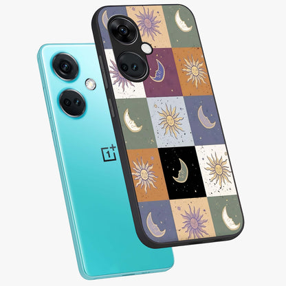 Celestial Patchwork Dreams Glass Case for 1+Nord CE 3 angled mockup showcasing glossy finish and layered celestial textures