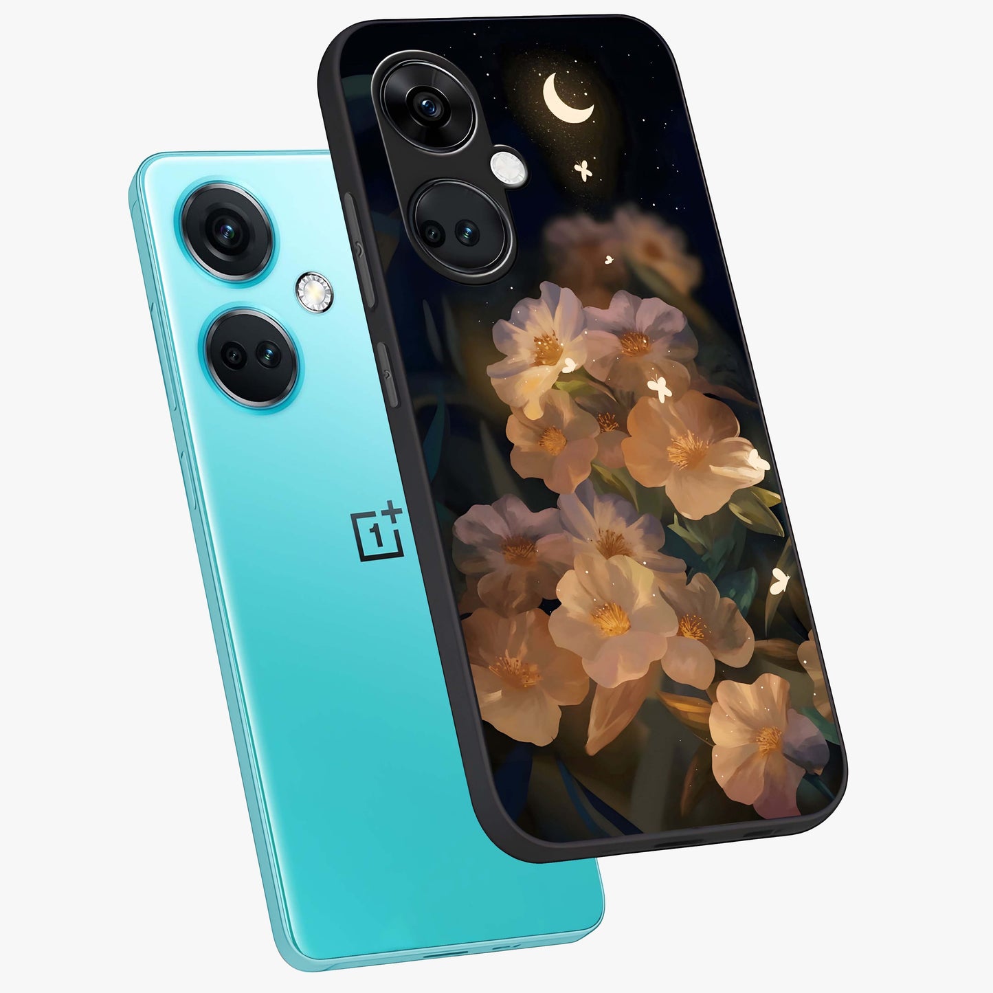 Celestial Petal Night Glass Case for 1+Nord CE 3 angled mockup showcasing glossy finish and glowing celestial accents