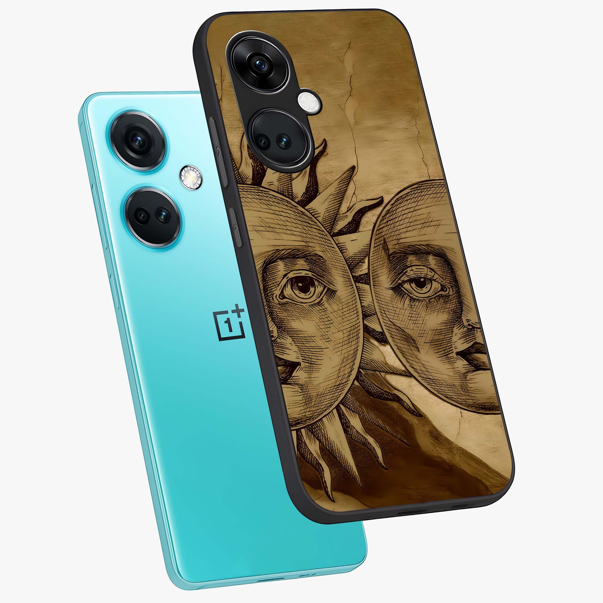 Celestial Relic Glow Glass Case for 1+Nord CE 3 angled mockup showcasing glossy finish and radiant glow detailing