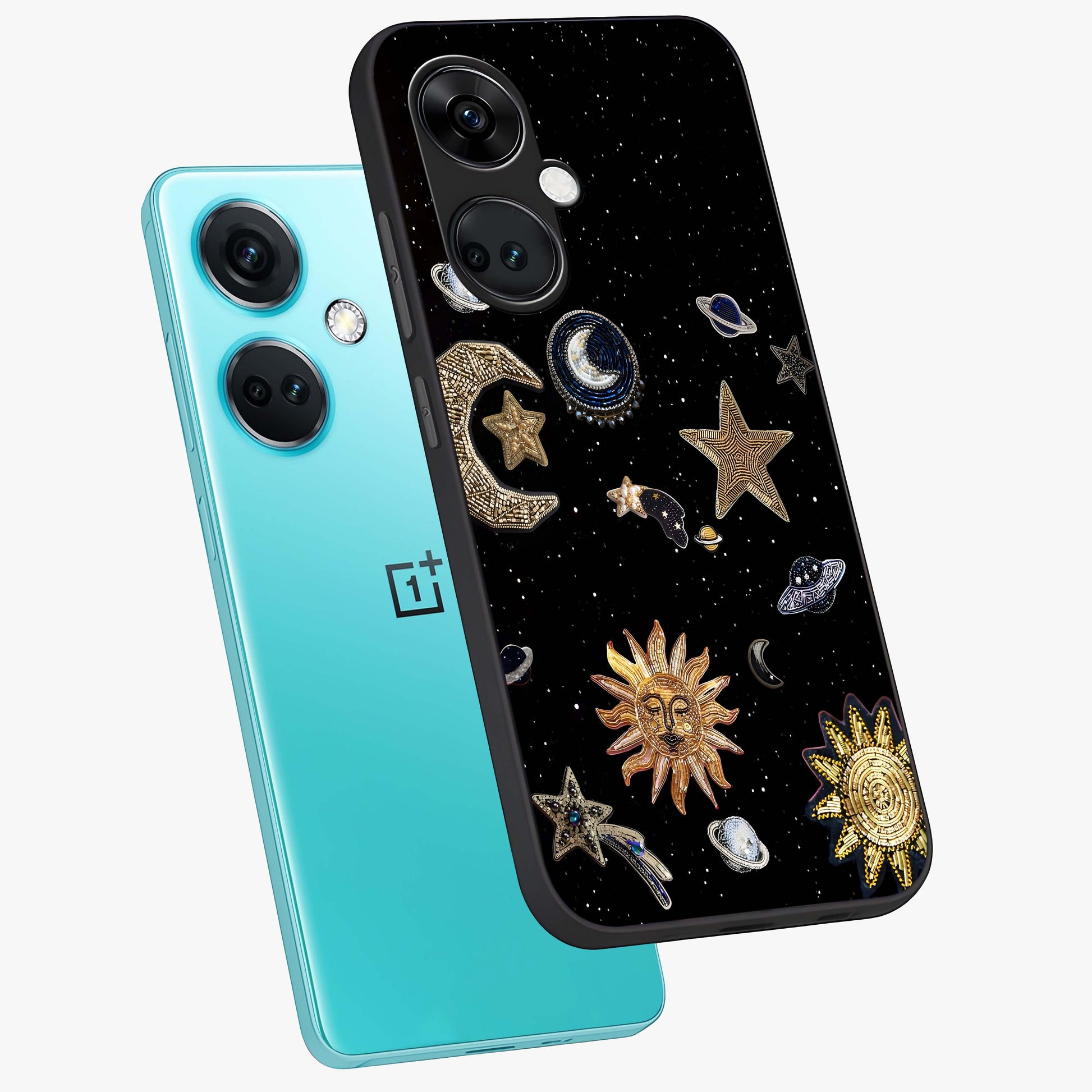 Celestial Star Charm Glass Case for 1+Nord CE 3 angled mockup showcasing glossy finish and shimmering celestial tones