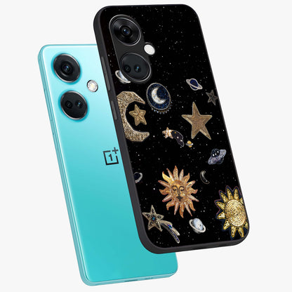 Celestial Star Charm Glass Case for 1+Nord CE 3 angled mockup showcasing glossy finish and shimmering celestial tones