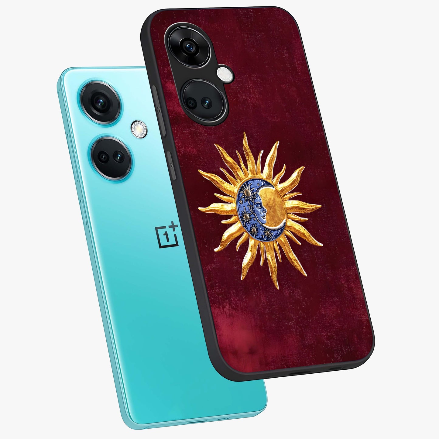 Celestial Unity Charm Glass Case for 1+Nord CE 3 angled mockup showcasing glossy finish and balanced cosmic design