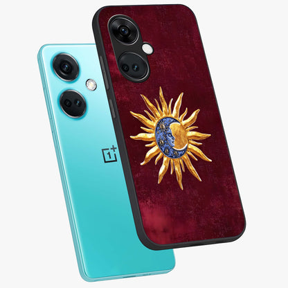 Celestial Unity Charm Glass Case for 1+Nord CE 3 angled mockup showcasing glossy finish and balanced cosmic design