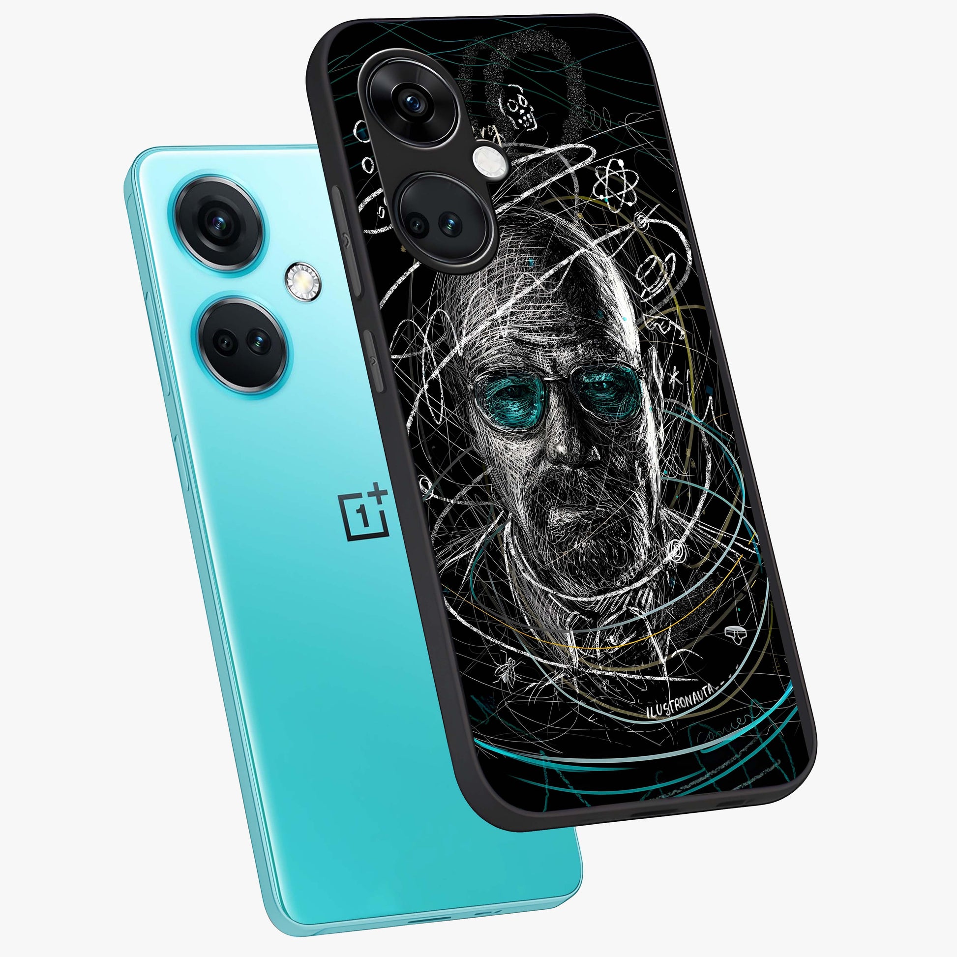 Chaotic Mind Genius Glass Case for 1+Nord CE 3 angled mockup showcasing glossy finish and edgy artistic design