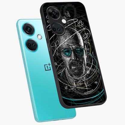 Chaotic Mind Genius Glass Case for 1+Nord CE 3 angled mockup showcasing glossy finish and edgy artistic design
