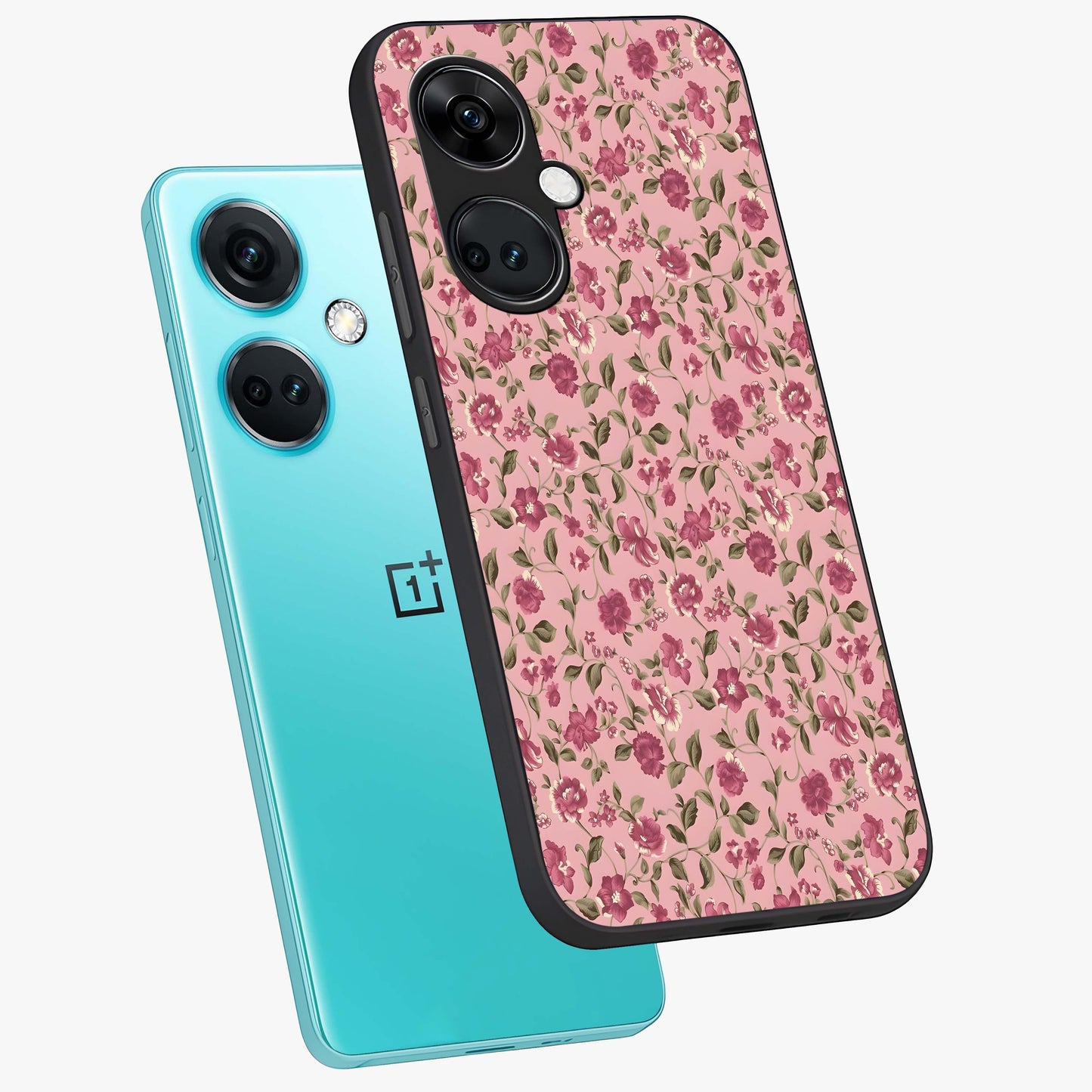 Charming Pink Floral Glass Case for 1+Nord CE 3 angled mockup showcasing glossy finish and elegant bloom detailing