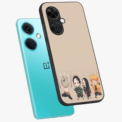 Chibi Demon Squad Glass Case for 1+Nord CE 3 angled mockup showcasing glossy finish and vibrant anime inspired design