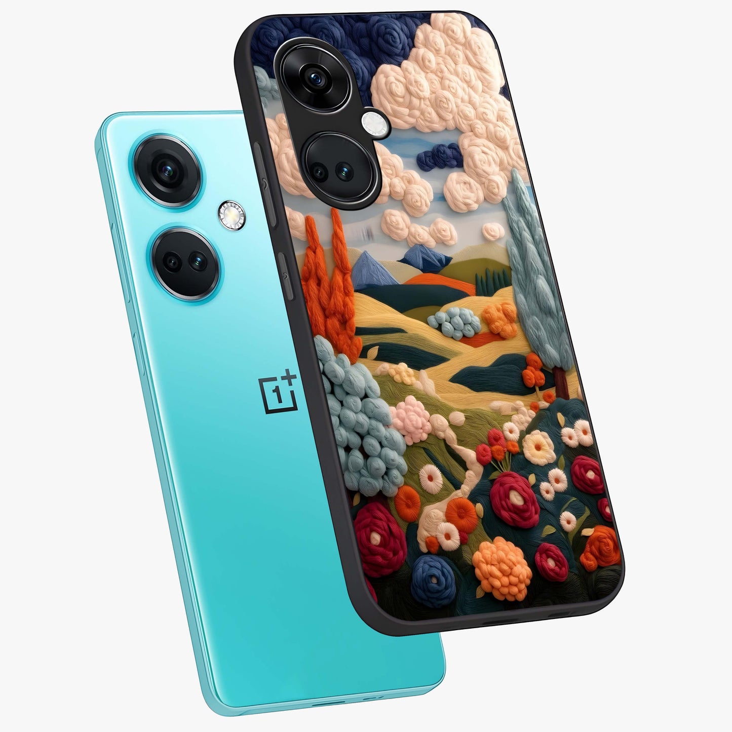 Cloud Cotton Meadows Printed Glass Case for 1+Nord CE 3 angled mockup showcasing glossy glass finish and airy pastel design