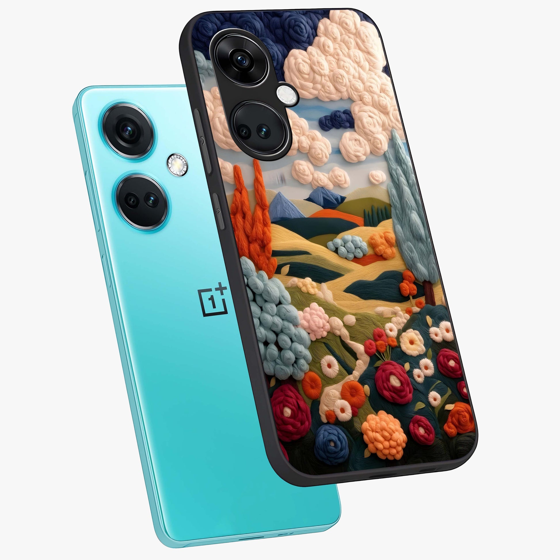 Cloud Cotton Meadows Printed Glass Case for 1+Nord CE 3 angled mockup showcasing glossy glass finish and airy pastel design