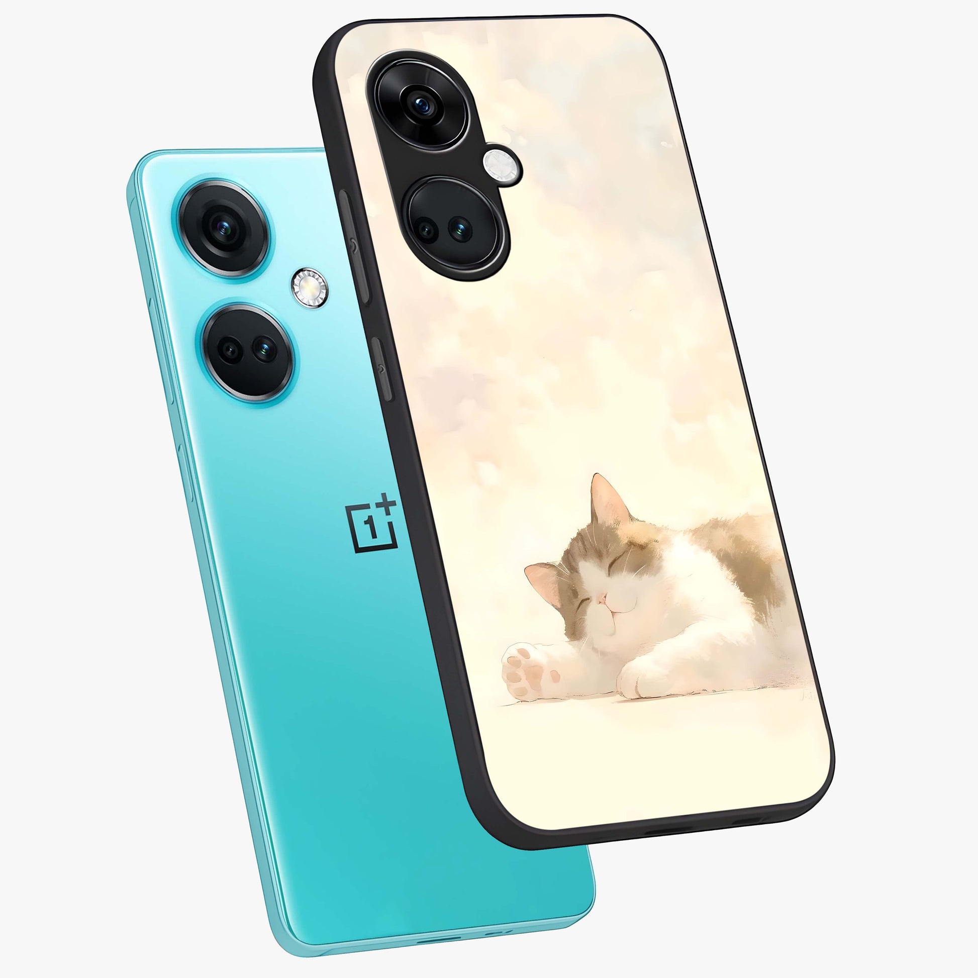 Cloud Nap Cat Glass Case for 1+Nord CE 3 angled mockup showcasing glossy finish and cozy pastel tones