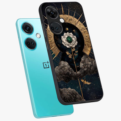 Cosmic Bloom Rose Glass Case for 1+Nord CE 3 angled mockup showcasing glossy finish and vibrant celestial floral tones
