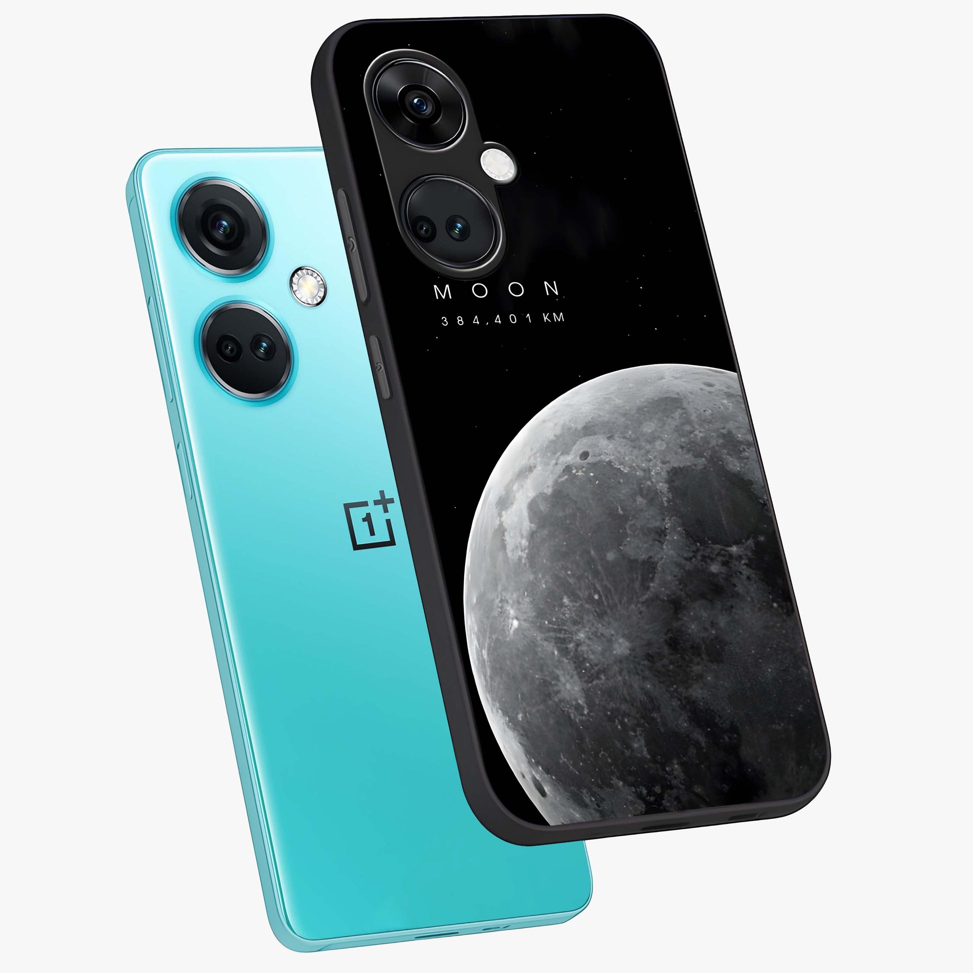 Cosmic Moon Glow Glass Case for 1+Nord CE 3 angled mockup showcasing glossy finish and luminous night design