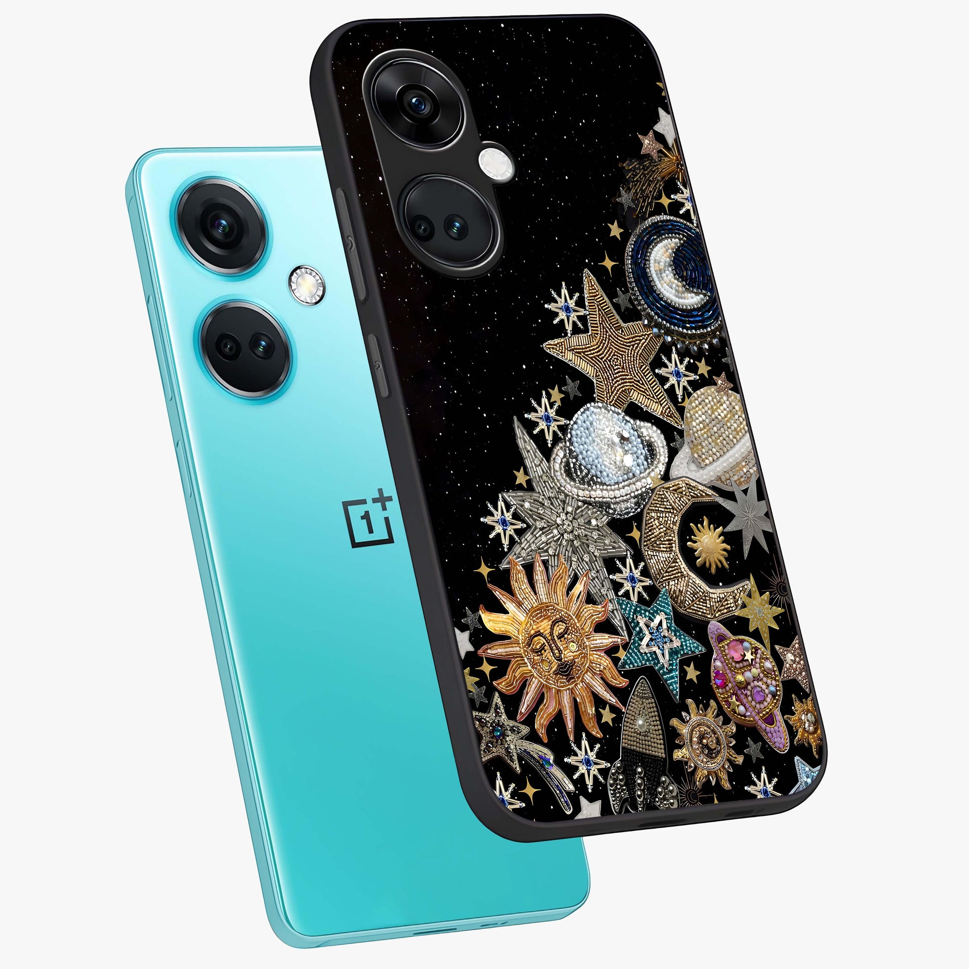 Cosmic Sparkle Dreams Glass Case for 1+Nord Ce 3 angled mockup showcasing glossy finish and vibrant celestial glow